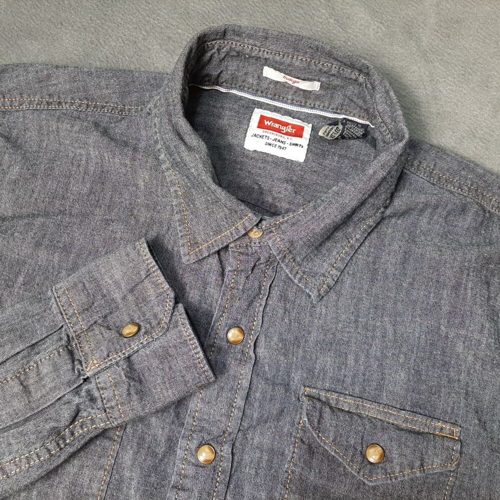Wrangler Shirt Mens Extra Large Blue Indigo Pearl Snap Chambray Pocket Cotton
